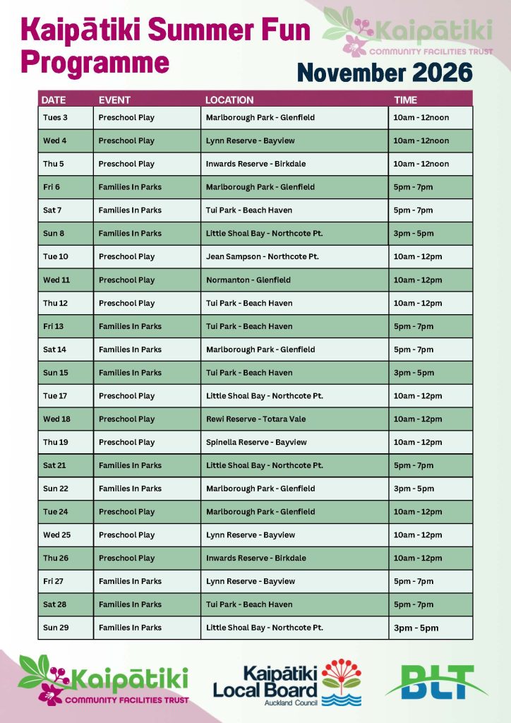 November Kaipatiki Summer Fun Programme
